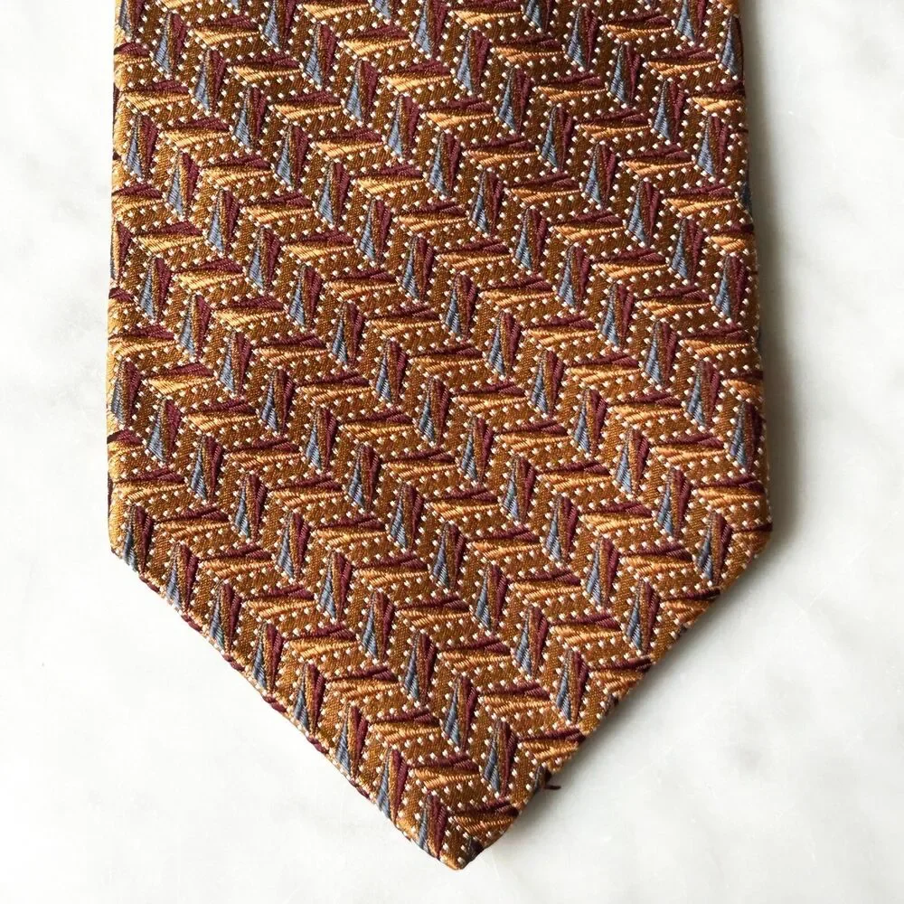 Ike Behar New York Neck Tie Silk Hand Tailored Geometric Dark Gold Red Blue